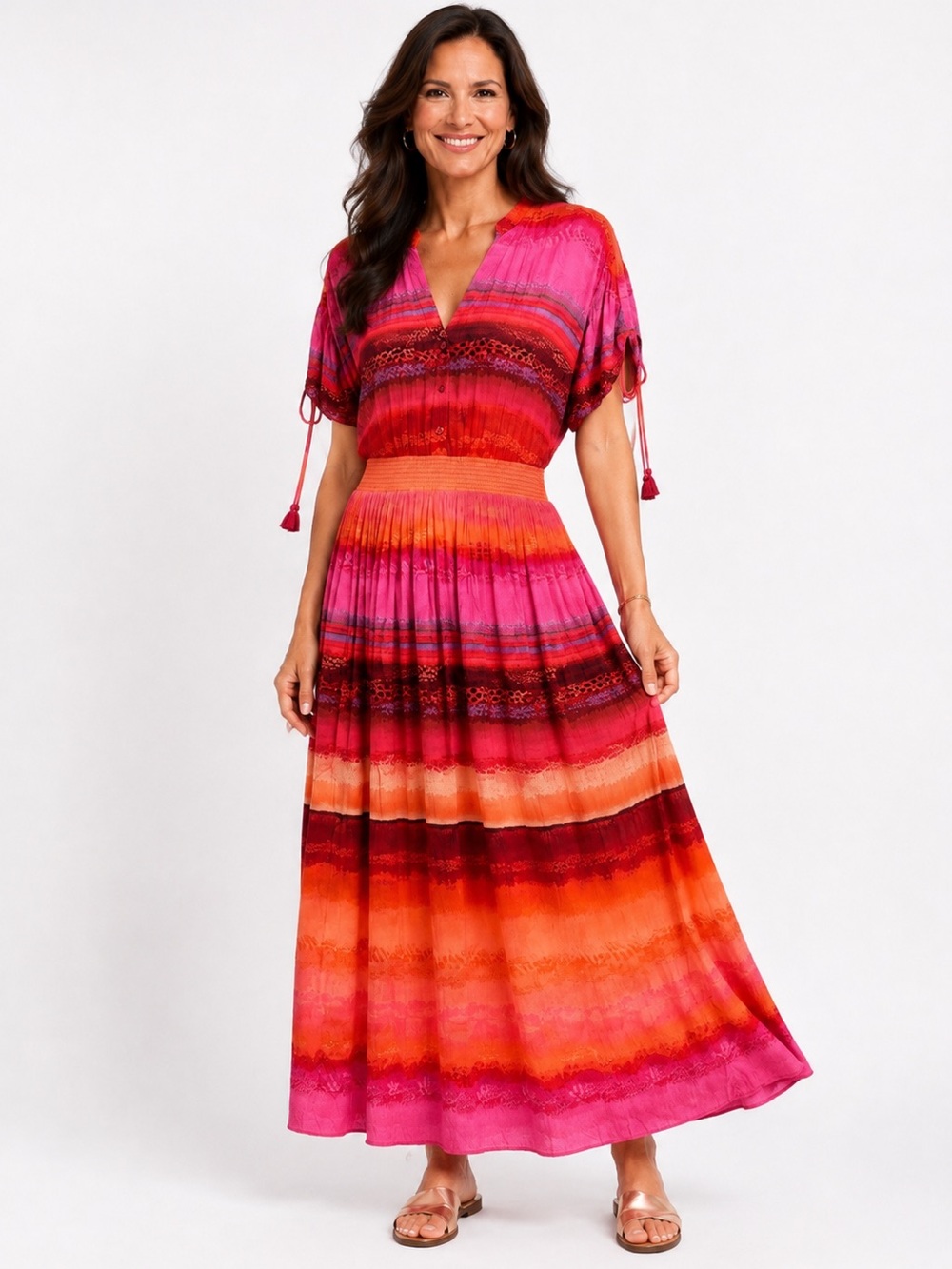 CHICO’S Rio Sunset Smocked Maxi Dress Tropical Print NWOT